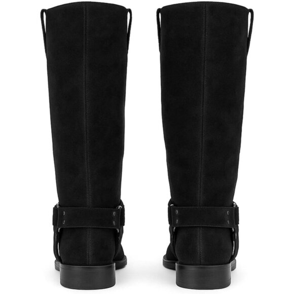 Women's Polyurethane Black Squared Toe Knee High Tall Riding Motorcycle Boots - Picture 5 of 6